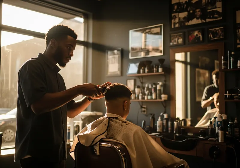 Barber giving a client a fade haircut with clippers in his barbershop
