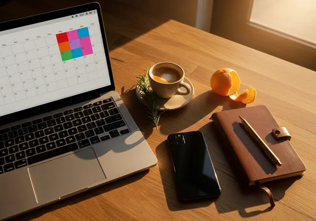 A laptop showing a colorful content calendar on a wooden desk, beside a coffee and notebook