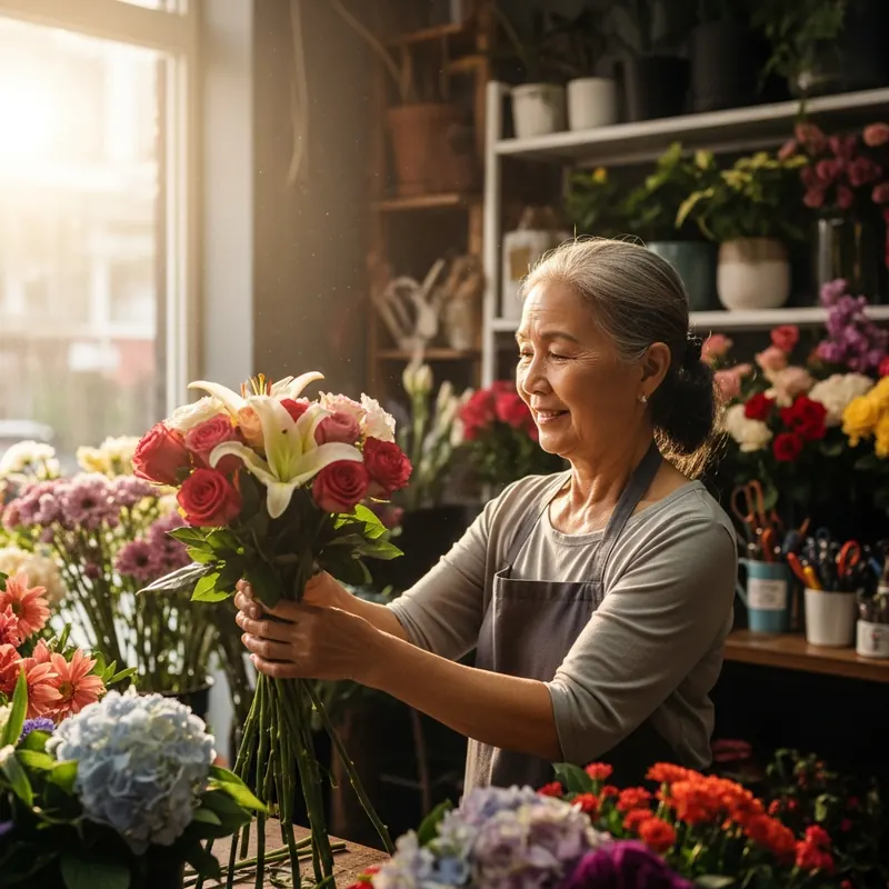 Florist in an apron arranging a bouquet of roses and lilies in her flower shop