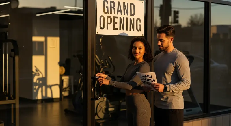 Two gym owners standing at the glass door of their new gym beneath a Grand Opening sign