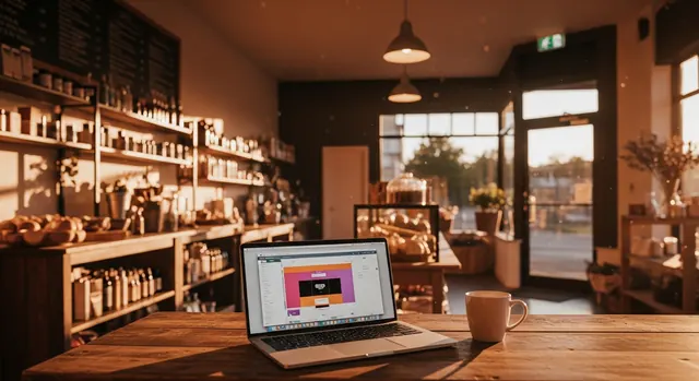 A laptop on a table in a cozy local shop, showing a social media post on screen